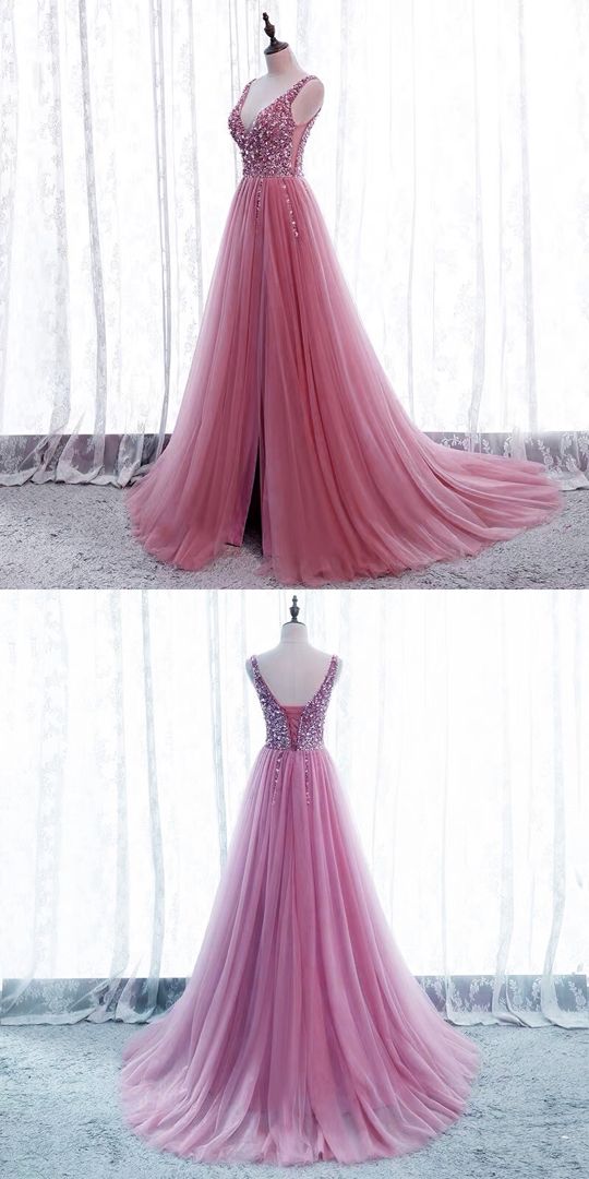 Beautiful pink prom dresses tulle split v neck formal gown with sequins beaded CD17804