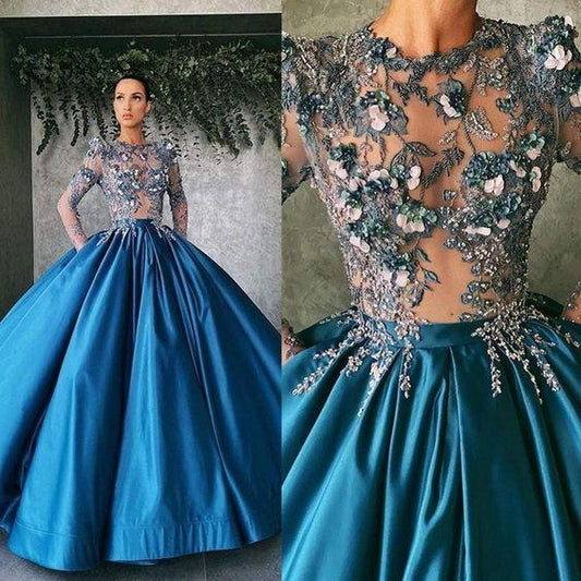 3D Flower Prom Dresses Illusion Jewel Neck Long Sleeve Lace Appliques Evening Gowns CD17823
