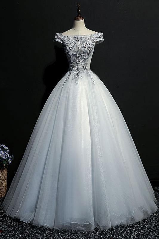GRAY TULLE LACE OFF SHOULDER LONG PROM DRESS, GRAY EVENING DRESS CD1788