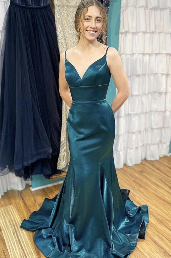Blue satin long prom dress mermaid evening dress CD17941