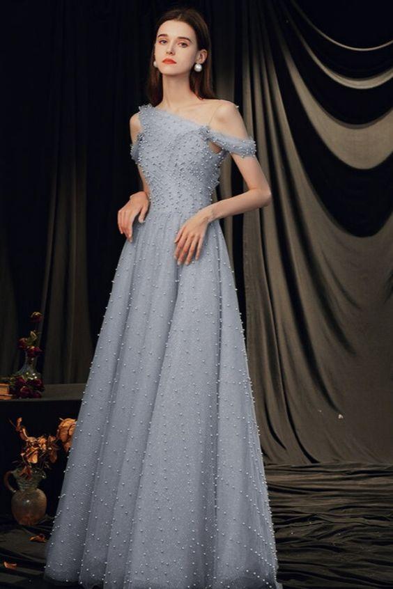 2024 elegant grey tulle long formal dress evening dress with pearls prom dress CD17921