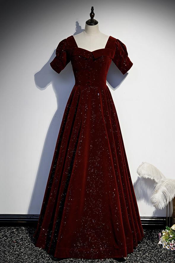 Burgundy velvet long prom dress simple evening dress CD17962