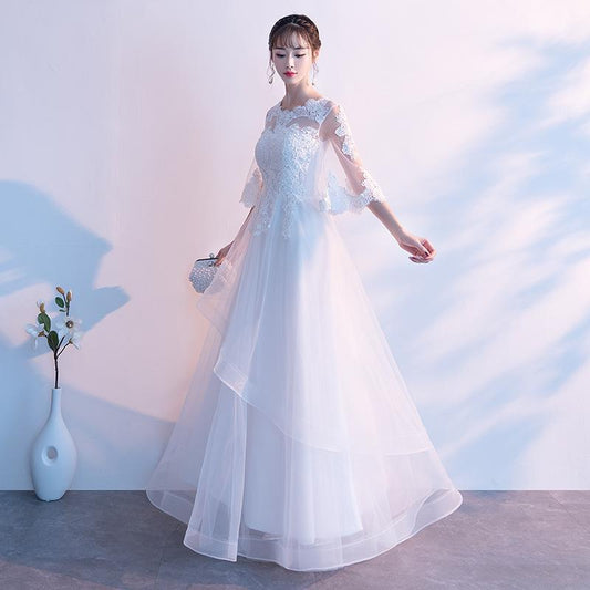 White Tulle With Lace Short Sleeves Layers Tulle Prom Dress, White Simple Wedding Party Dress CD17967