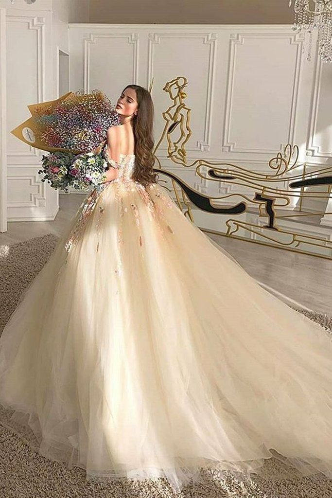Gorgeous Off Shoulder Champagne Lace Floral Prom Dress CD17990