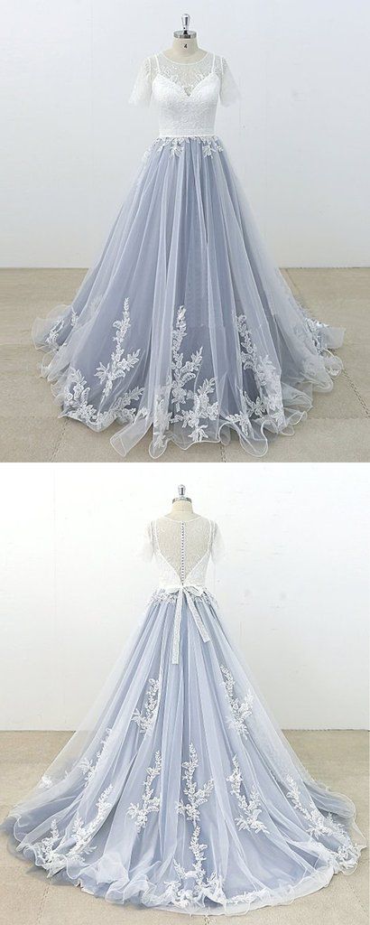 Blue Gray Tulle Ivory Lace Short Sleeve Beach Wedding Dress, Long Pageant Prom Dress CD18034