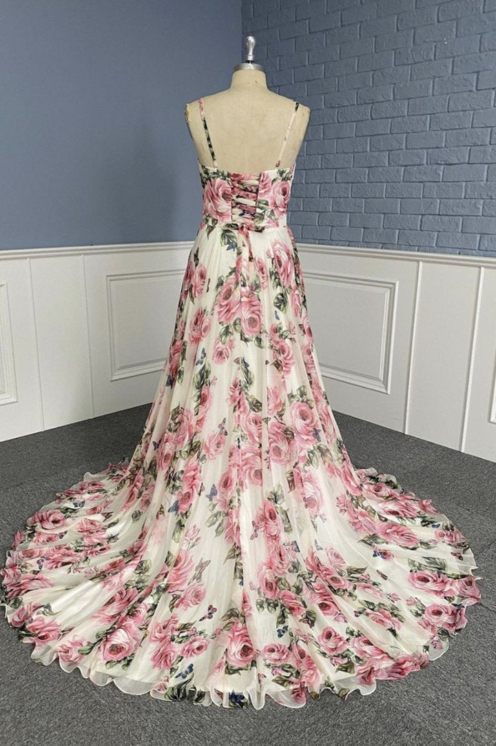 Stylish v neck floral pattern prom dress A line evening dress CD18049