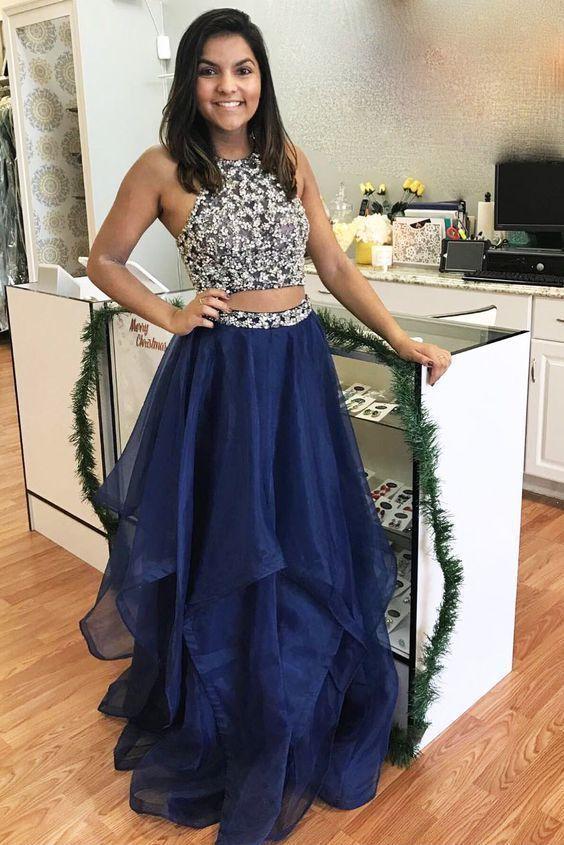 Elegant Two Piece Tulle Prom Dress with Appliques CD18062