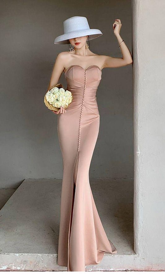 Blush Pink Satin Mermaid Prom Dresses with Front Slit CD18083
