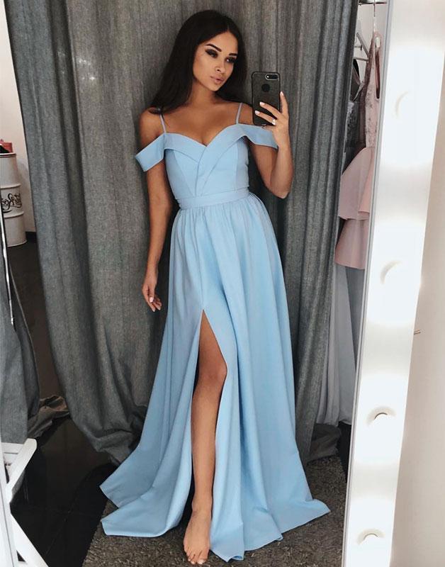 Simple blue satin long prom dress, off shoulder blue evening dress CD18109