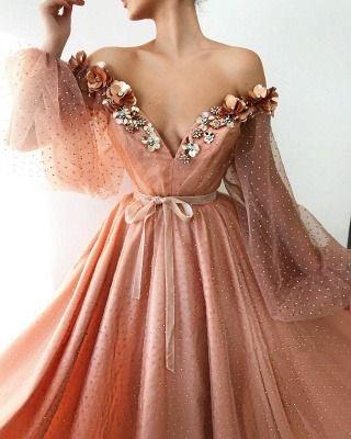 Sexy Off the Shoulder V Neck Long Prom Dress | Chich Tulle Beading Long Sleeves Prom Dress CD18144