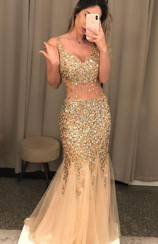 Sexy Mermaid Prom Dress Champagne Gold Evening Gown CD18152