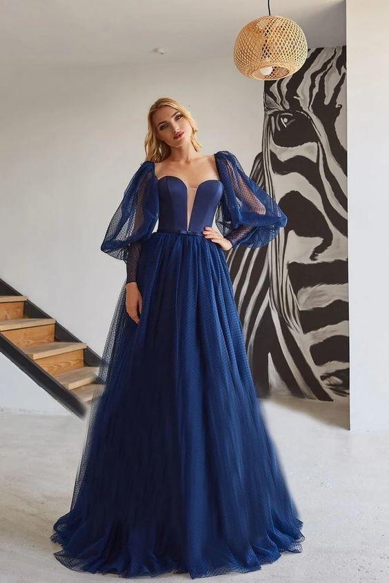 Elegant A Line Tulle Princess Simple Prom Dress, Long Dark Blue Evening Dress CD18160