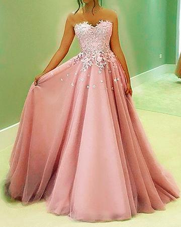TULLE SWEETHEART PROM DRESSES LACE APPLIQUES ELEGANT CD18173