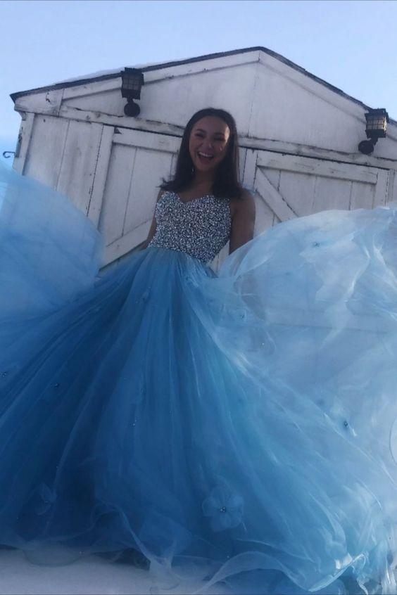 Sky Blue Tulle Long Prom Dress with Crystal CD18197