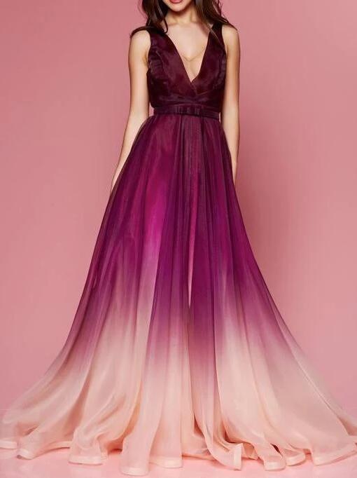 Burgundy Ombre Prom Dress, V neck Backless Organza Colored Prom Dresses CD18218