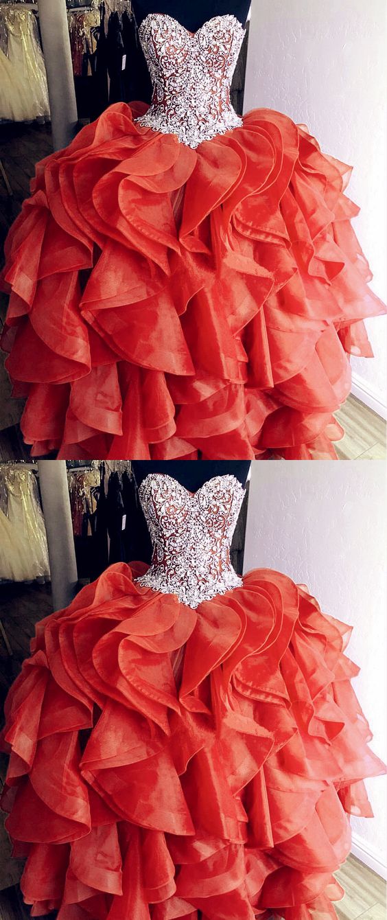 Unique Orange Quinceanera Dresses Crystal Beaded Sweetheart Corset Organza Ruffles Prom Dress CD18251