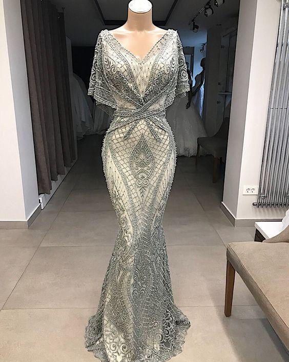 modest evening dresses long gray lace appliqué beaded elegant mermaid Prom Dresses CD18276
