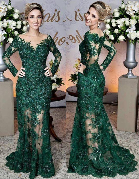 Long Sleeves Lace Mermaid Prom Dresses See Through Evening Gowns CD18283