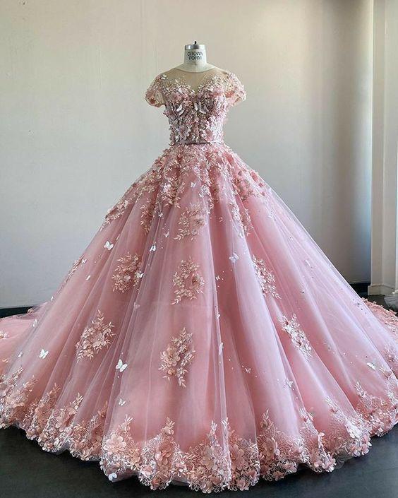 Pink Lace Tulle Prom Dress, Charming Ball Gown CD18305
