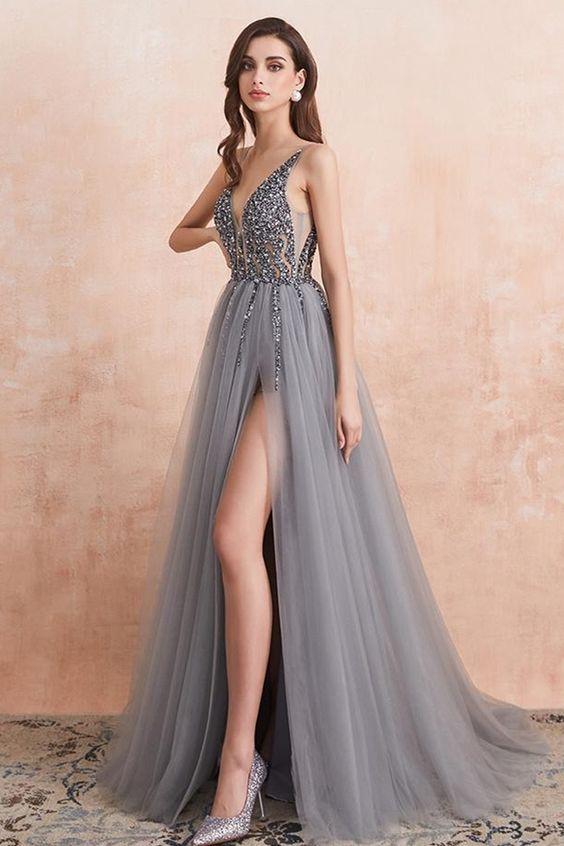 Prom Dress sexy beaded A-line grey tulle long formal dress with side slit CD18338