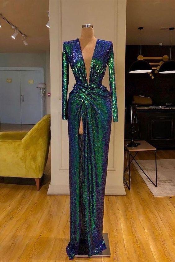 Chic Teal Sequined Sheath Prom Party Dress V Neck Long Sleeves With Slit CD18422