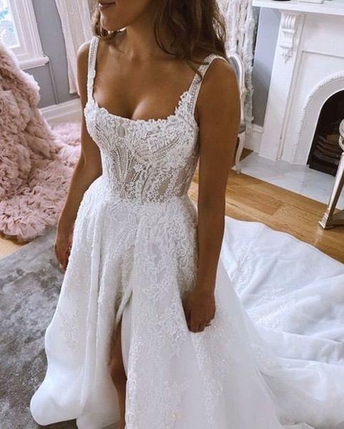 Long Prom Dresses Gorgeous Ball Gown Square Neck Split Wedding Dresses with Appliques CD18448