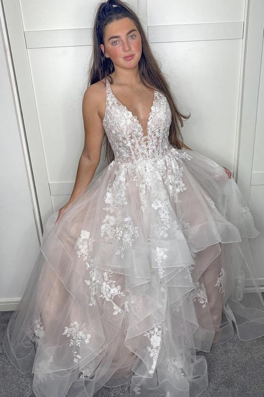 Stylish v neck lace long prom dress evening dress CD18454