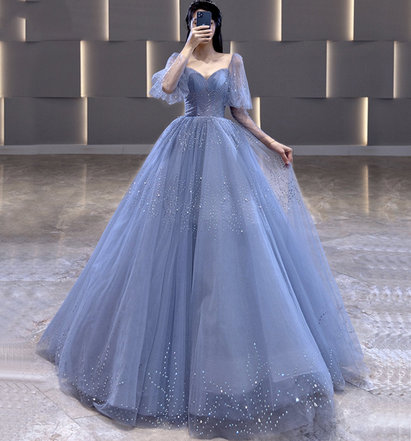 BLUE TULLE LONG A LINE PROM GOWN FORMAL DRESS CD18557