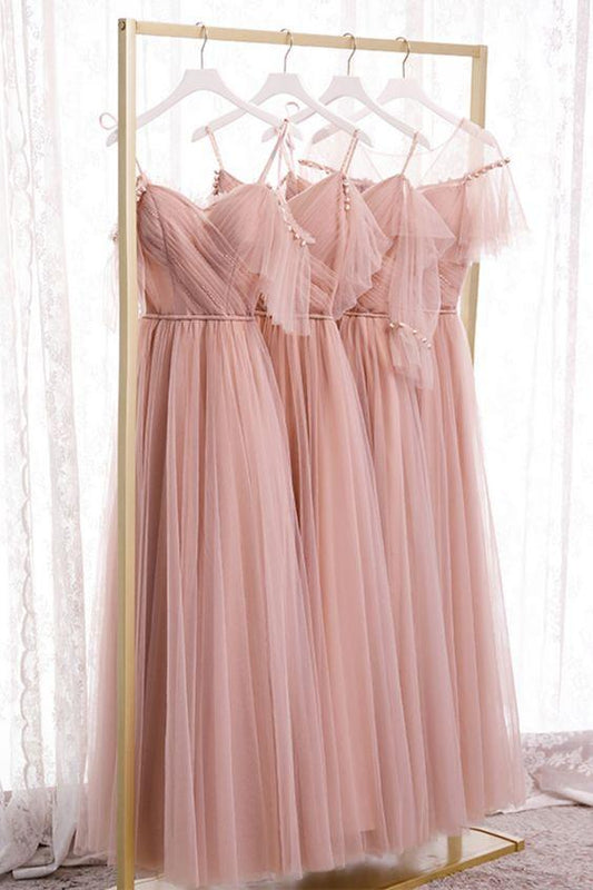 blush pink tulle long bridesmaid dresses prom dress evening dresses CD18562