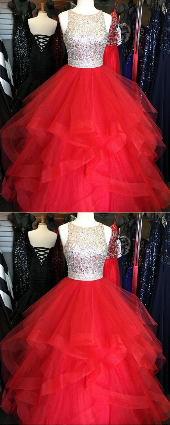 Stunning Sequins Beaded Organza Ruffles Ball Gowns Prom Dresses Red Quinceanera Dress CD18566
