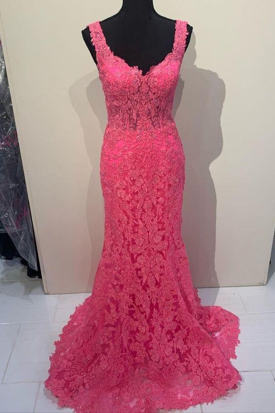 mermaid hot pink lace long prom dress CD18573