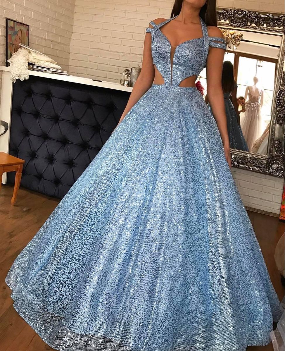 A-line light blue sequined long prom dress CD18577