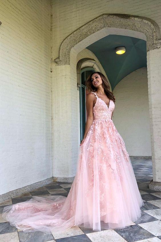 Pink Tulle and Lace A-line Long Prom Dress CD18584