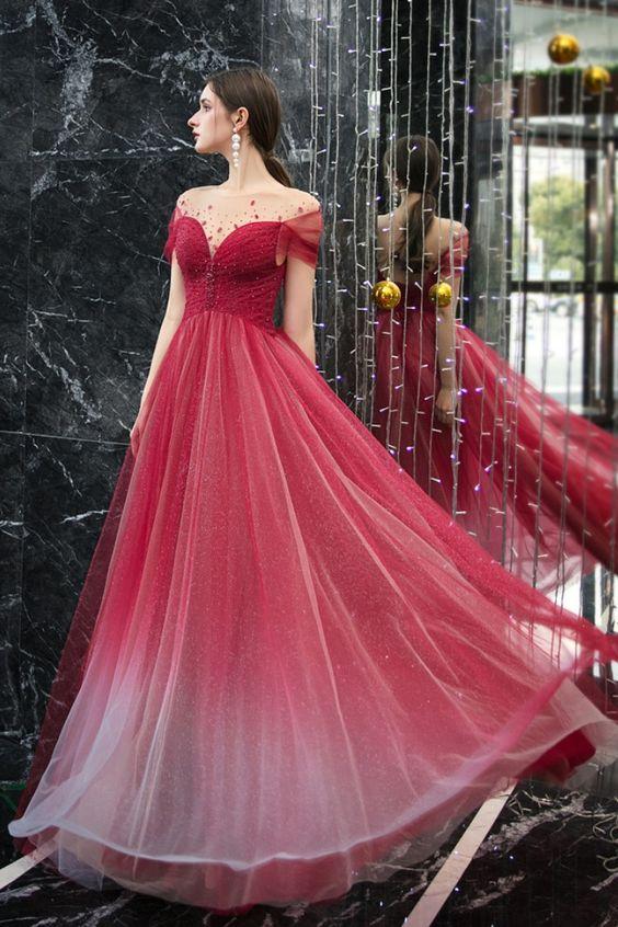 Glitter Off the Shoulder Beaded Tulle Prom Dress CD18586