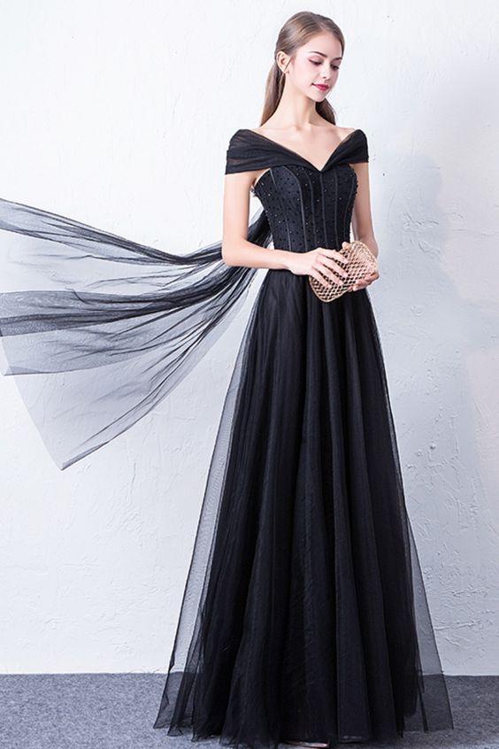 A-Line Cap Sleeve Beaded Black Tulle Prom Dress CD18589