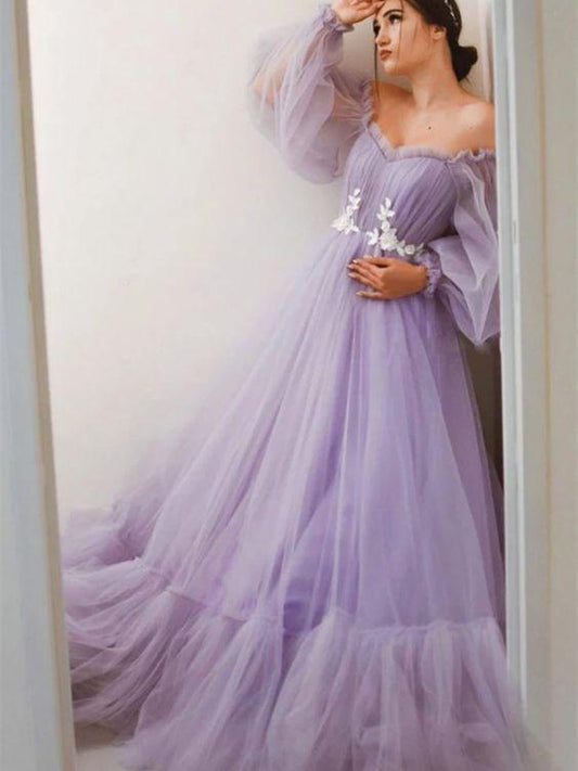 Purple Tulle Long Sleeves Prom Dresses, Purple Tulle Long Sleeves Formal Evening Dresses CD18633