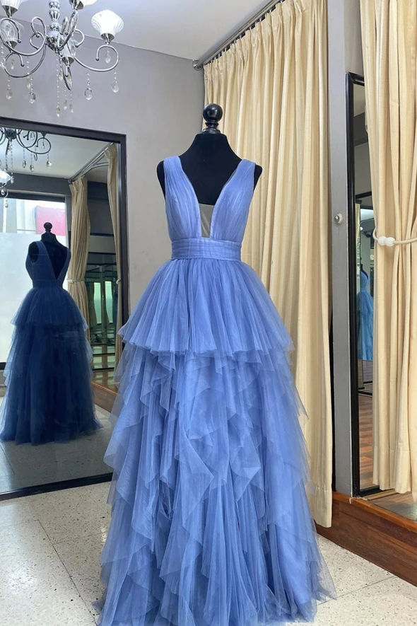 Blue tulle long prom dress A line evening dress CD18701