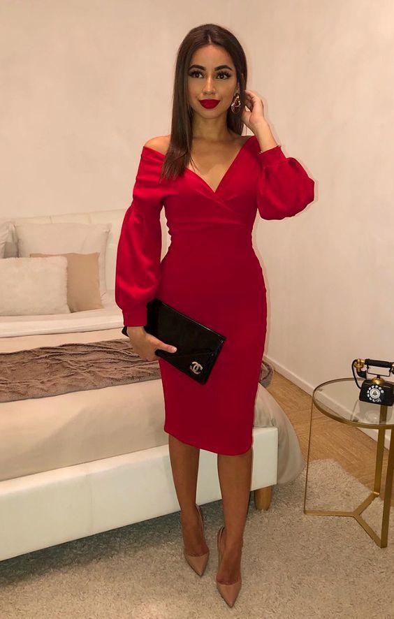 Red Belted Bodycon Midi Dress Prom Dress With Sleeve CD18713