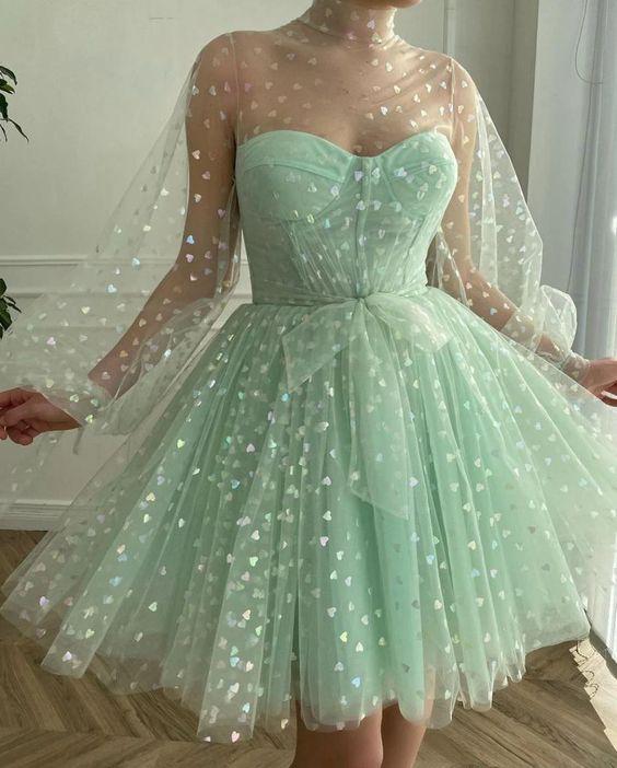 A-Line Tulle Evening Dresses, Long Sleeves Princess Gown Homecoming Dress CD18754