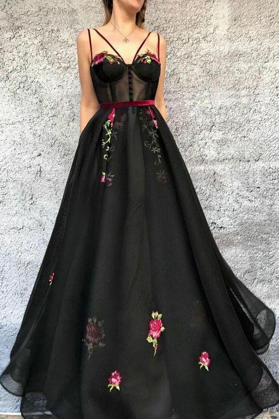 Black V Neck Long Prom Dress with Appliques CD18777