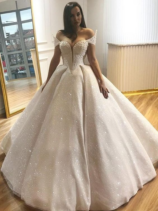 Elegant Prom Dress, Ball Gown Off-the-Shoulder Floor Length Lace Wedding Dress with Beading CD18805