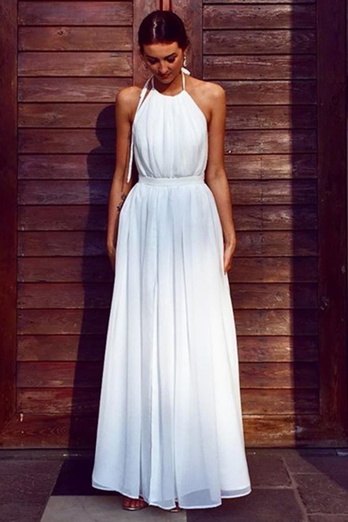 A Line Halter Neck White Long Prom Dress, Halter Neck White Formal Graduation Evening Dress, White Bridesmaid Dress CD18822