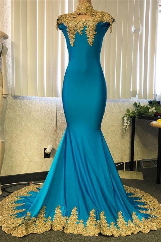 High Neck Mermaid Gold Lace Prom Dresses Cheap CD18845