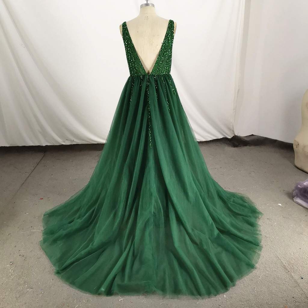 Dark Green Tulle V-Neckline Long Party prom Dress, Green Formal Gown CD18865