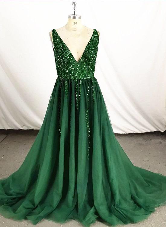Dark Green Tulle V-Neckline Long Party prom Dress, Green Formal Gown CD18865