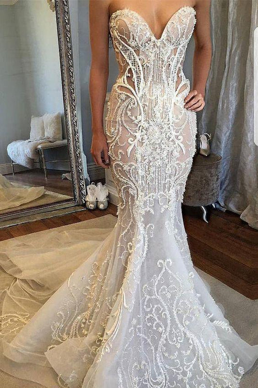 Mermaid Sweetheart Court Train Wedding Dress with Lace Beading prom dress evening dress CD18917