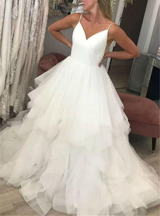 White Tulle Spagehtti Straps Backless Ruffles Prom Dress CD18939
