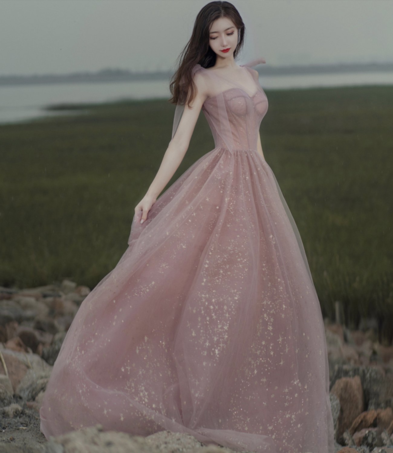 PINK A LINE PROM DRESS PINK TULLE EVENING DRESS CD18962