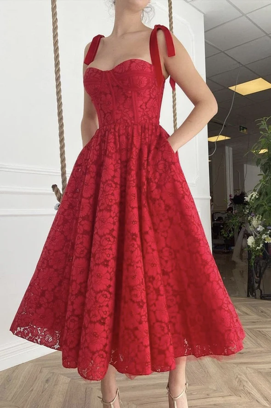 Red lace short prom dress red A line evening dress CD18971