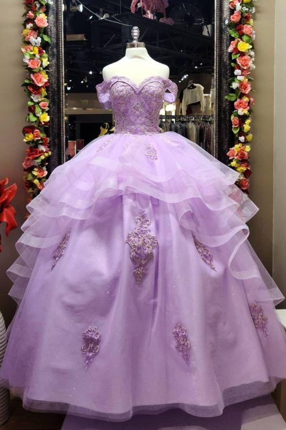 off the shoulder lilac quincerean dress Prom Dress CD19044